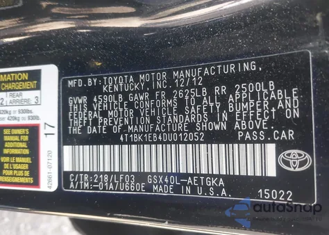 2013 Toyota Avalon Xle Premium z USA, uszkodzony, nr VIN 4T1BK1EB4DU012052